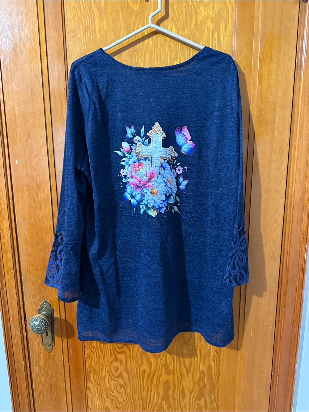 Navy Floral Cross Detail Long Sleeve Tunic